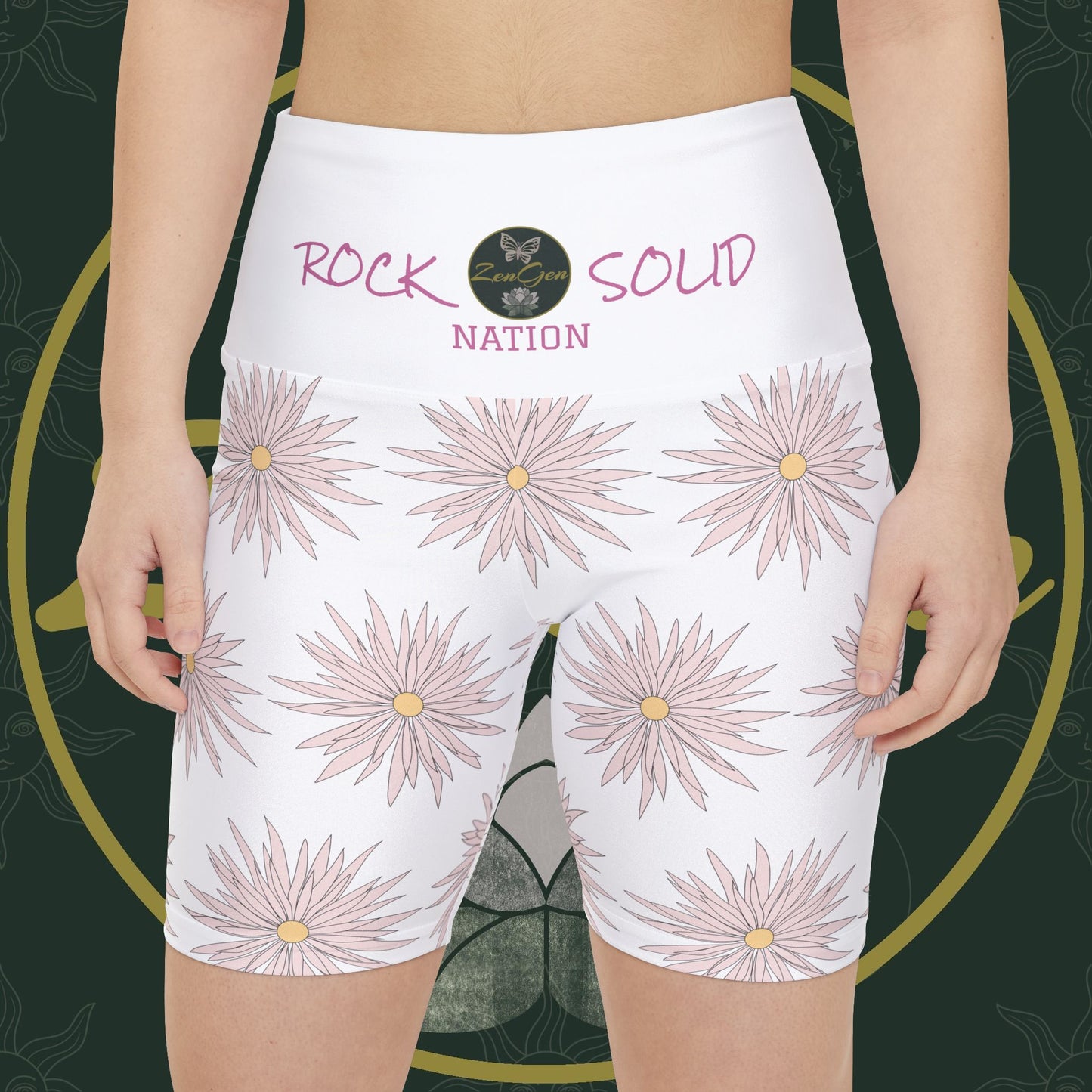 Women's Workout Shorts - White - ROCK SOLID Blazing Flower - ZenGen USA - ZenGen USA