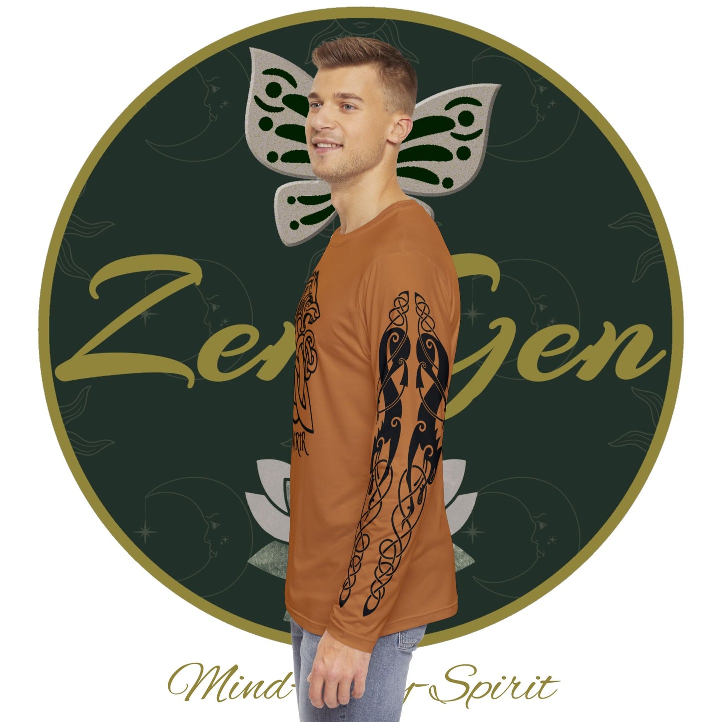 Celtic Fenrir Tribal Tattoo - Brown Men's Long Sleeve Shirt - ZenGen USA