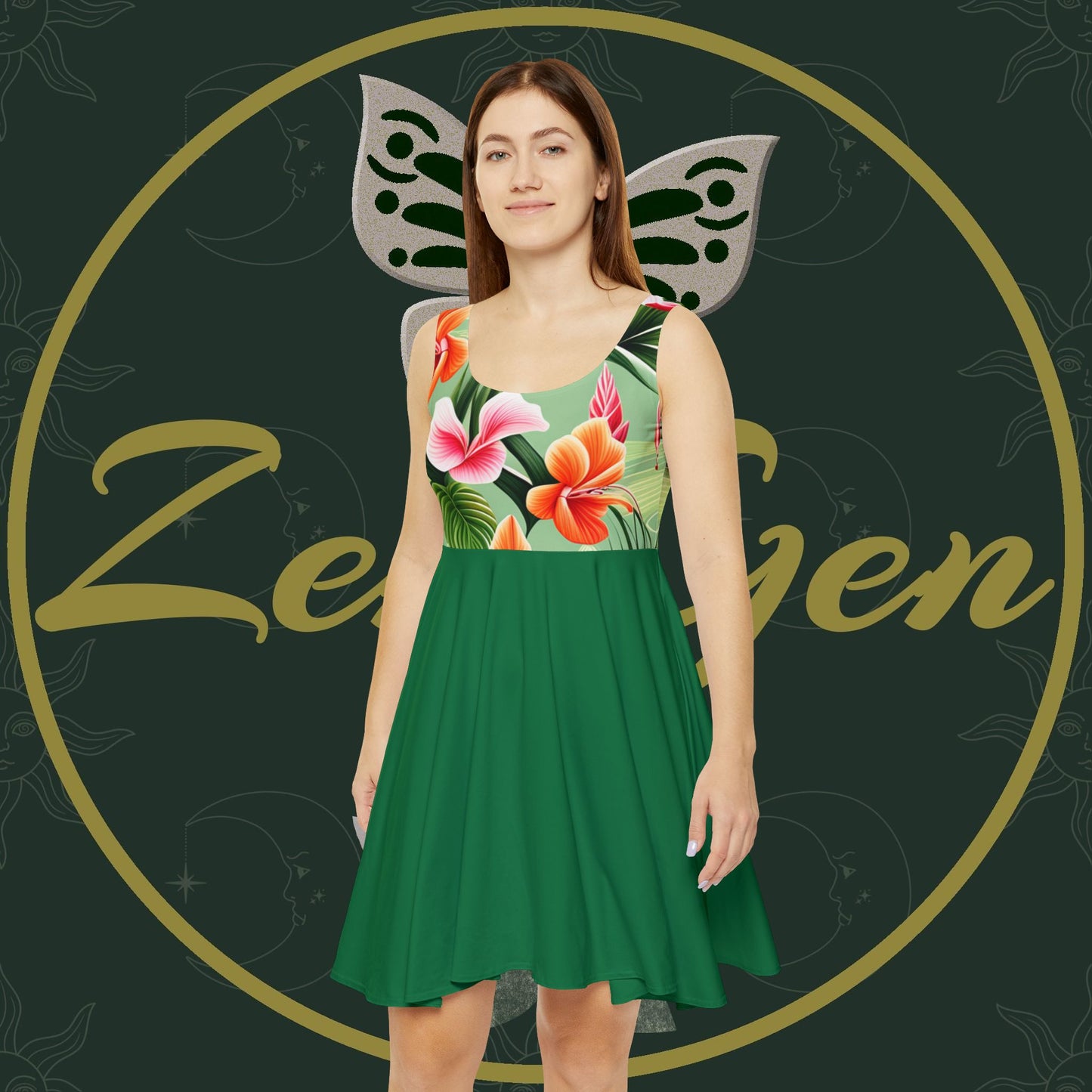 Women's Floral Skater Dress (AOP) - ZenGen USA - Green