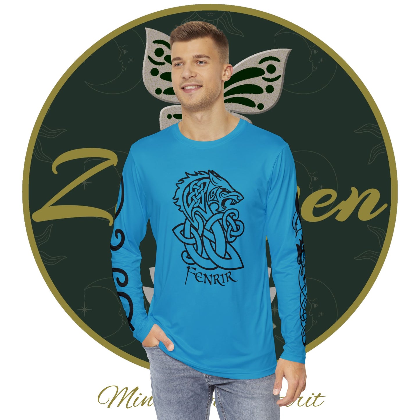 Celtic Fenrir Tribal Tattoo - Turquoise Men's Long Sleeve Shirt - ZenGen USA