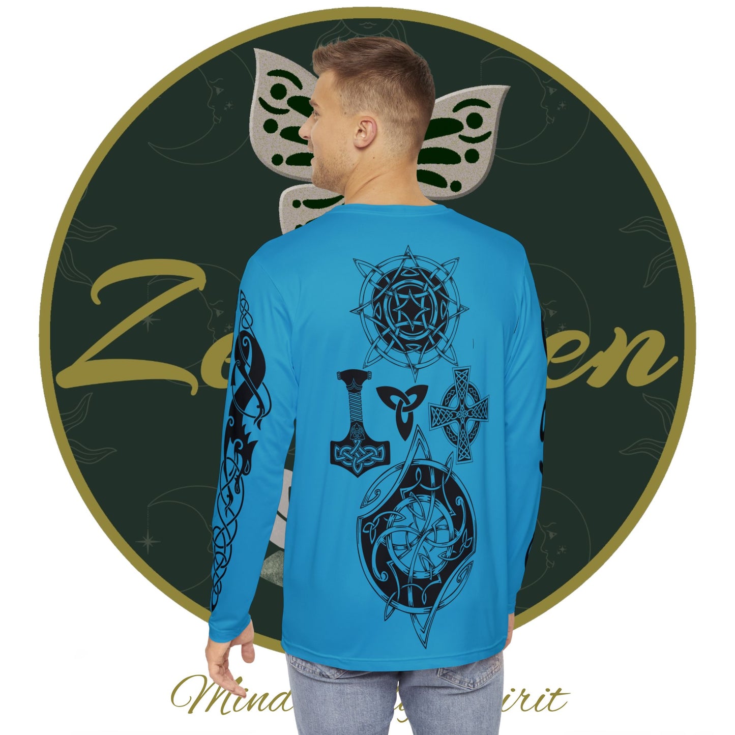 Celtic Fenrir Tribal Tattoo - Turquoise Men's Long Sleeve Shirt - ZenGen USA