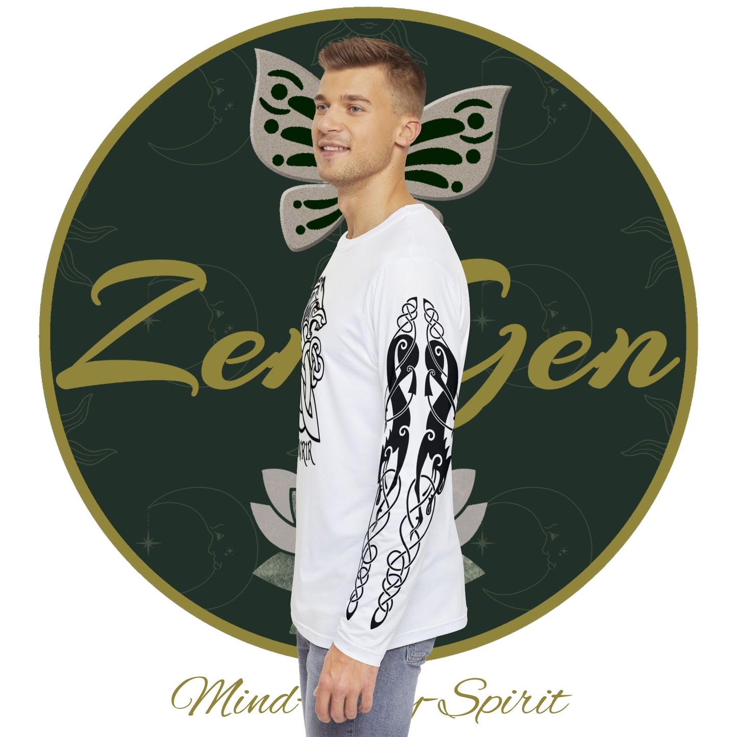 Tatuaje tribal celta Fenrir - Camisa blanca de manga larga para hombre - ZenGen USA