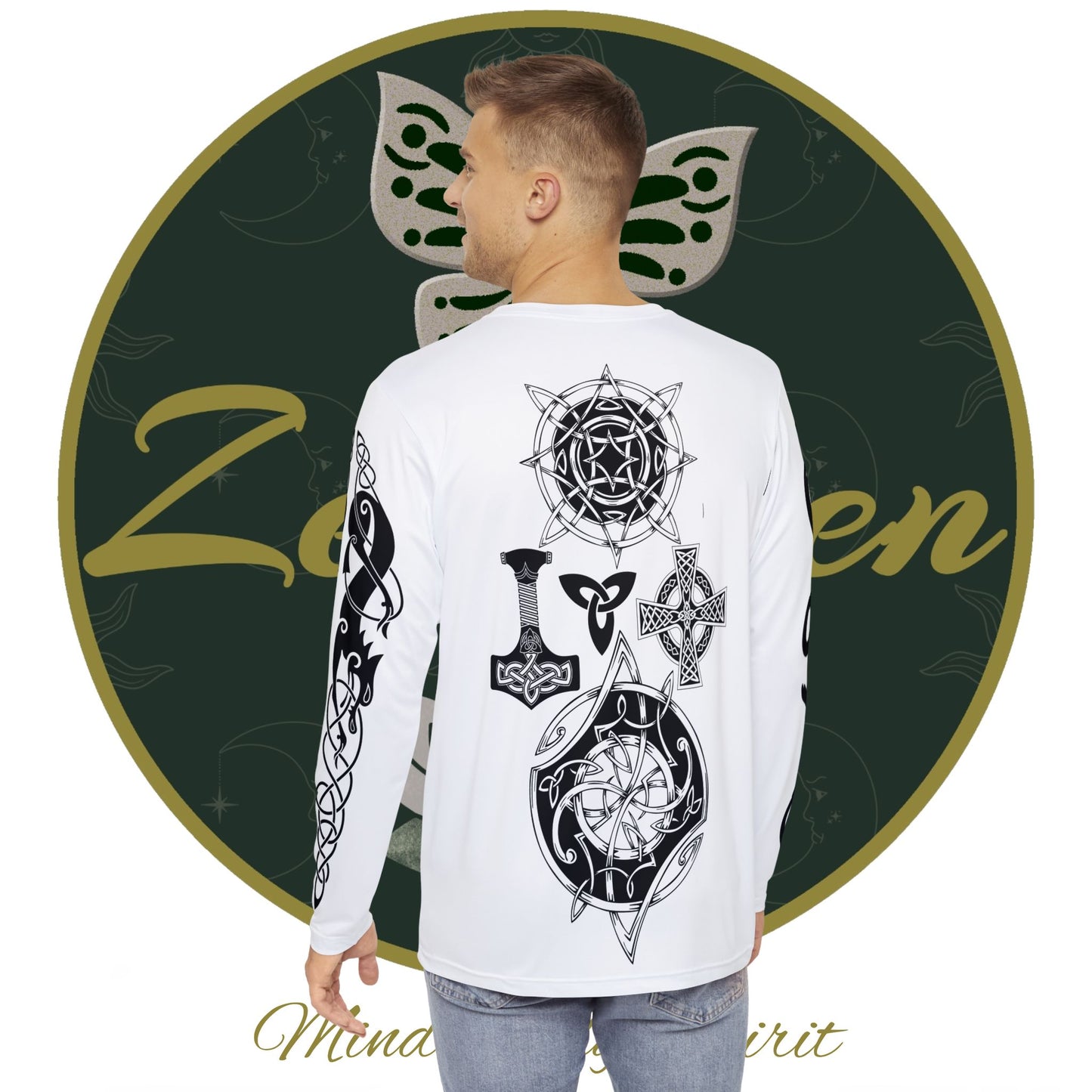 Tatuaje tribal celta Fenrir - Camisa blanca de manga larga para hombre - ZenGen USA