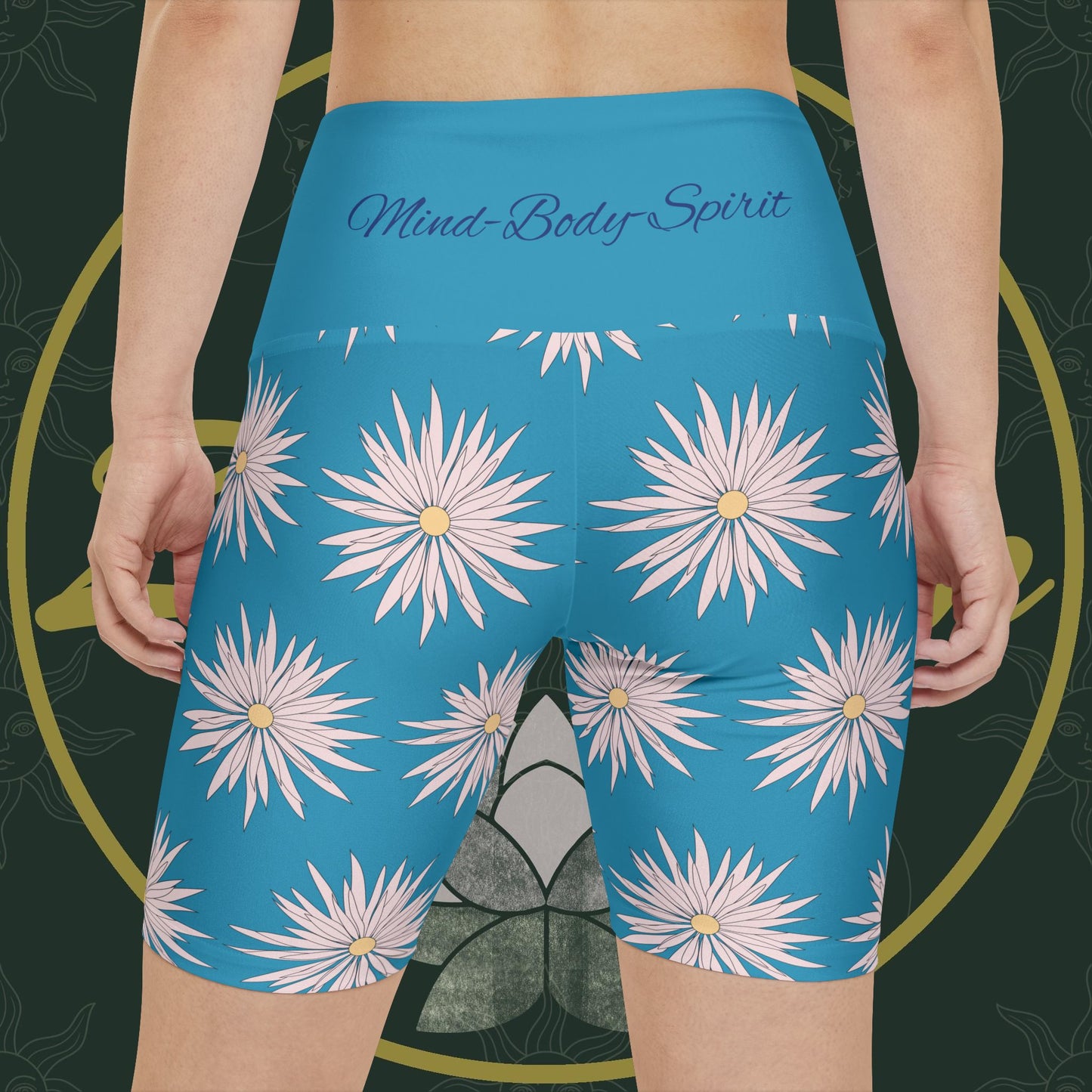 Women's Workout Shorts  - Turquoise - ROCK SOLID Blazing Flower - ZenGen USA