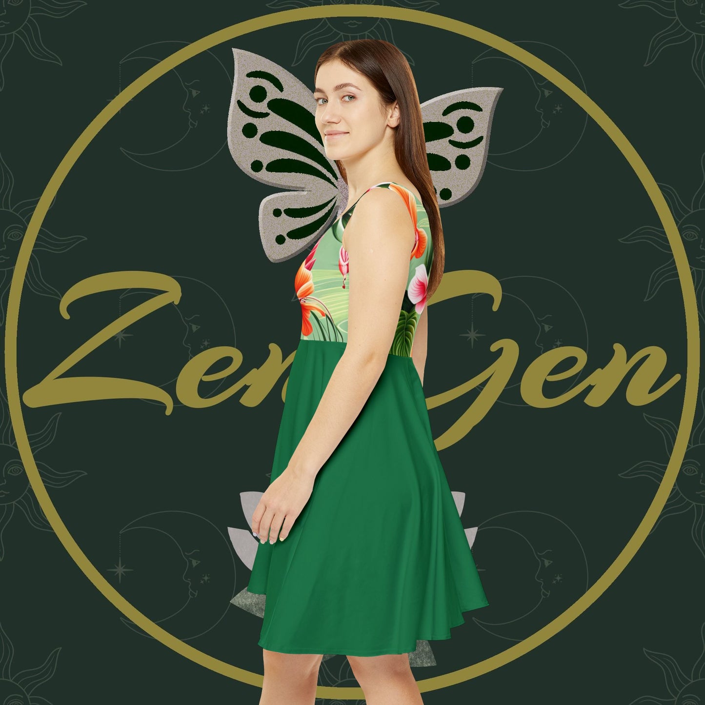 Women's Floral Skater Dress (AOP) - ZenGen USA - Green