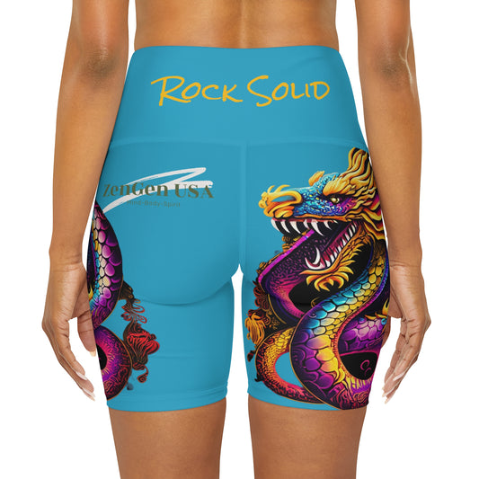 Dragon High Waisted Yoga Shorts | Turquoise | ROCK SOLID | ZenGen USA