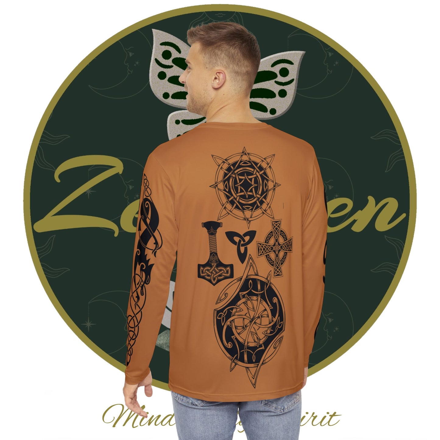 Celtic Fenrir Tribal Tattoo - Brown Men's Long Sleeve Shirt - ZenGen USA