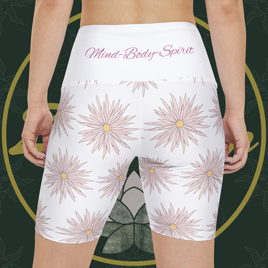 Women's Workout Shorts  - White - ROCK SOLID Blazing Flower - ZenGen USA