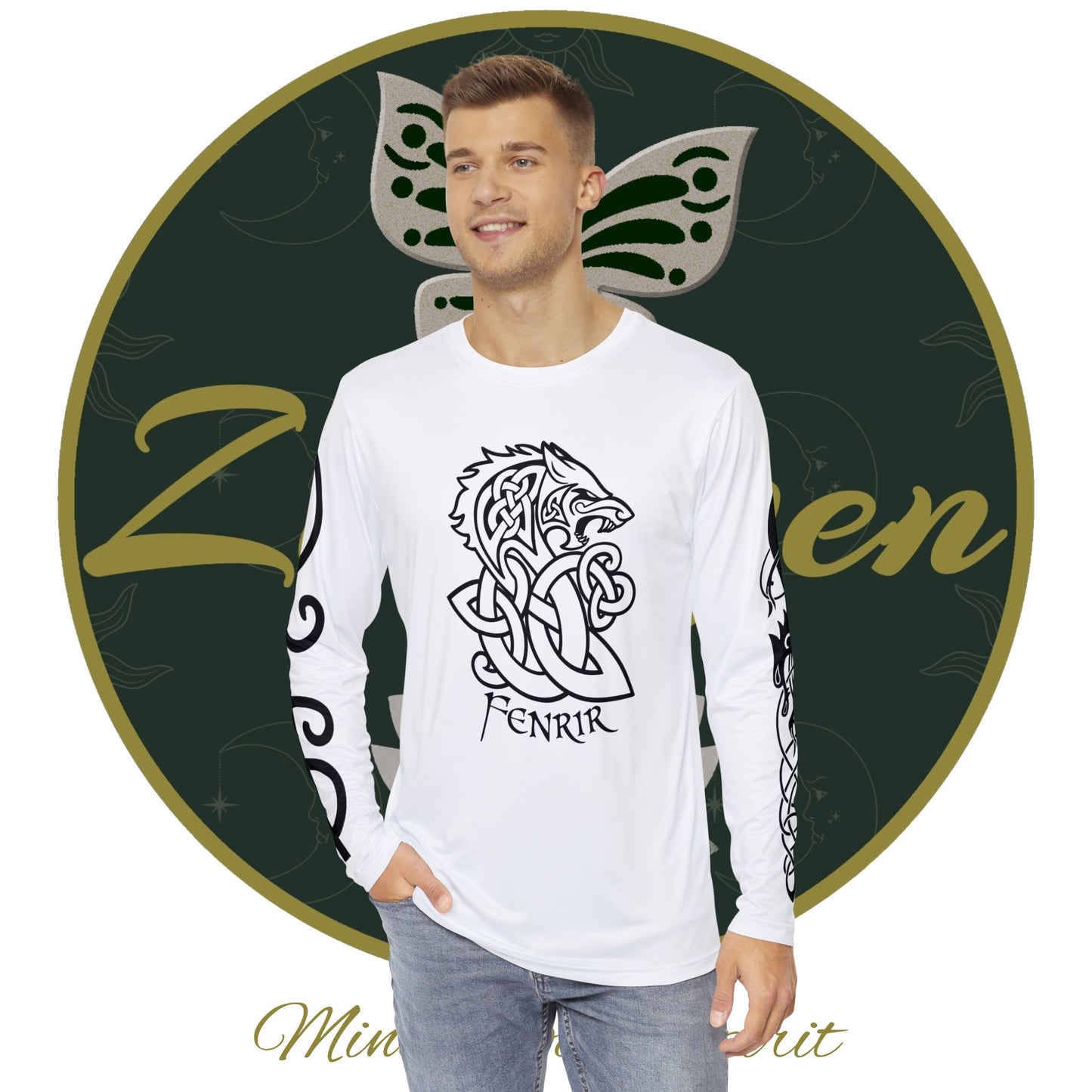 Tatuaje tribal celta Fenrir - Camisa blanca de manga larga para hombre - ZenGen USA