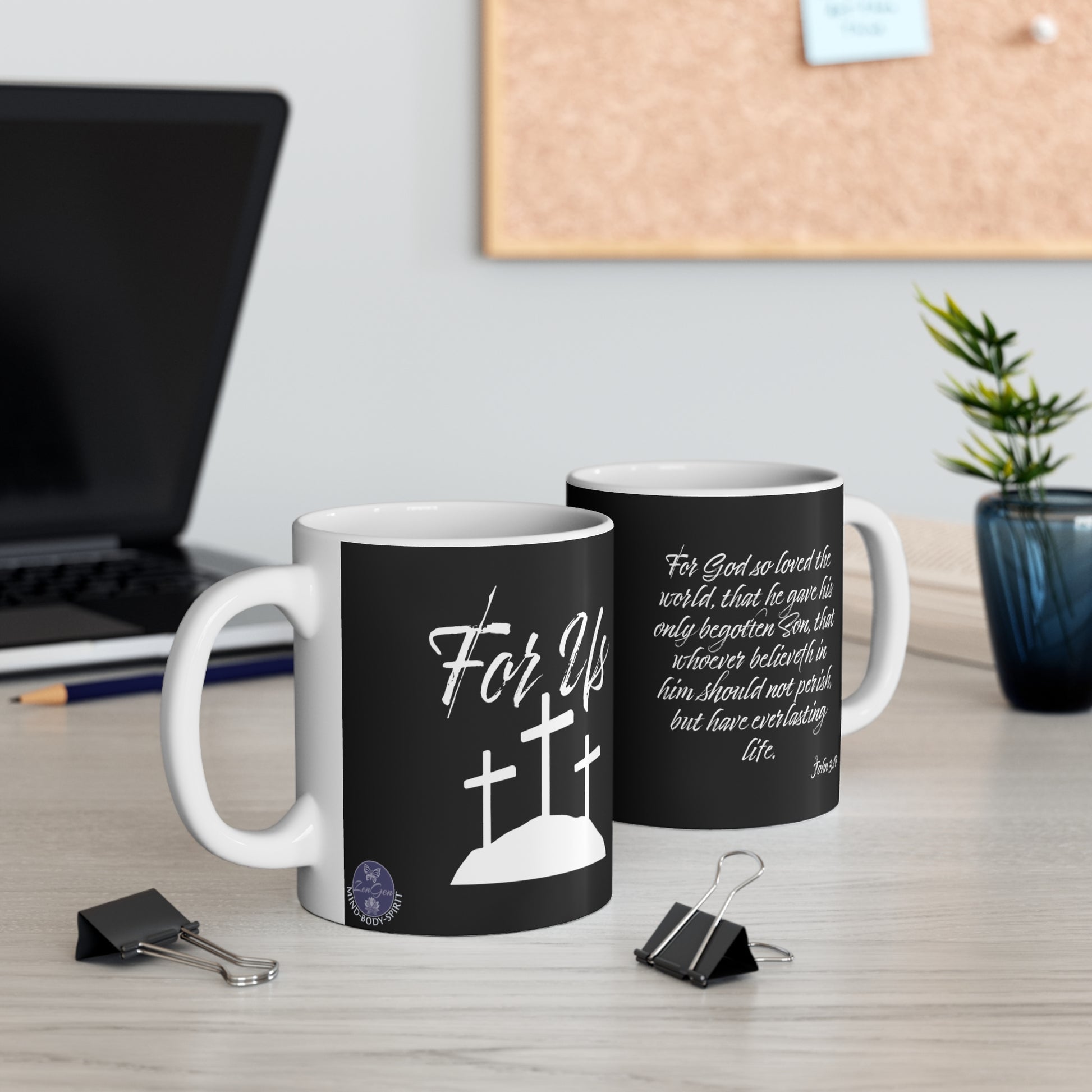 FOR US! John 3:16 | Black Ceramic Mug 11oz | ZenGen USA - ZenGen USA