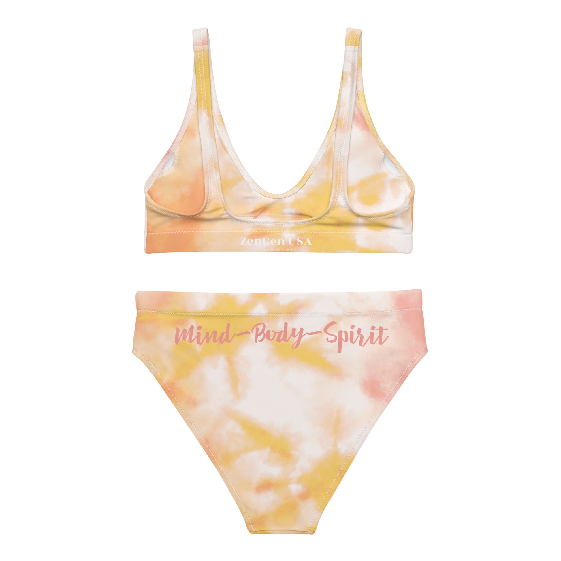 Recycled High-Waisted Bikini - Orange TieDye Print - ZenGen USA Mind-Body-Spirit - ZenGen USA