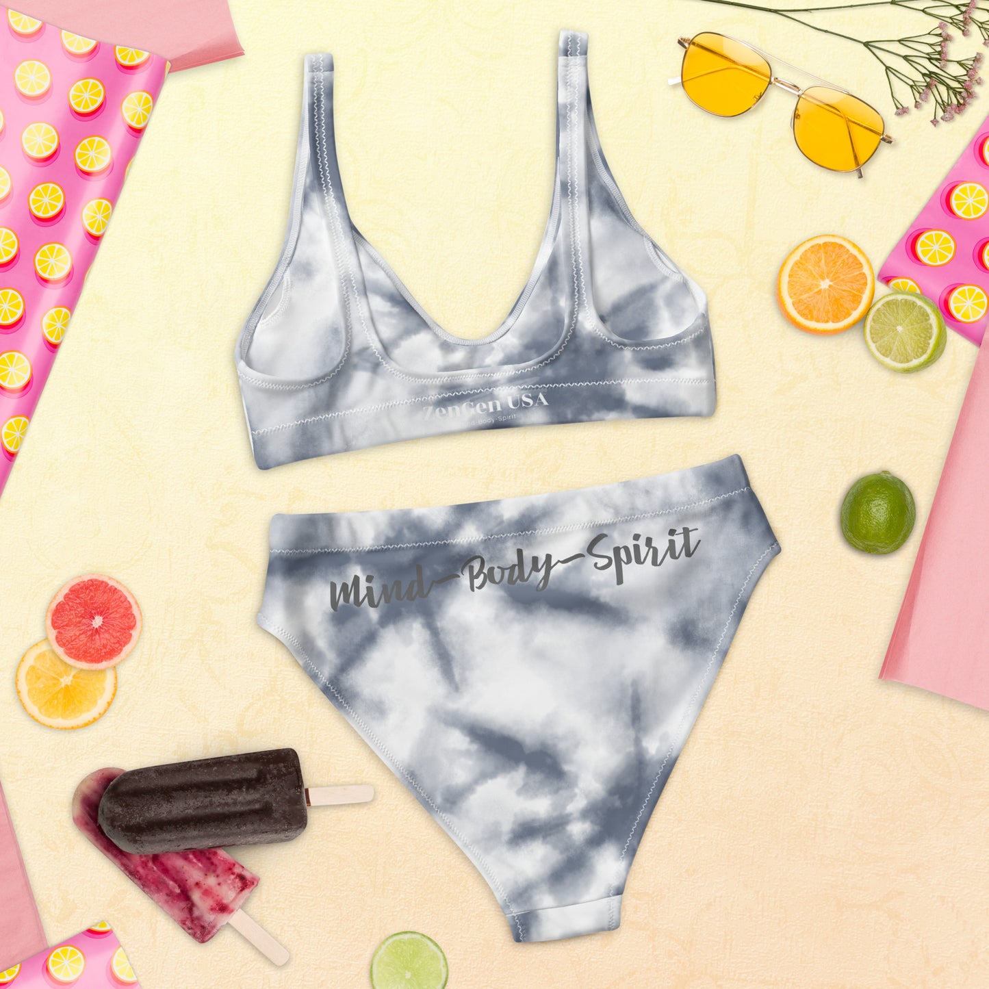 Recycled High-Waisted Bikini - Gray Tie Dye Print - ZenGen USA - ZenGen USA