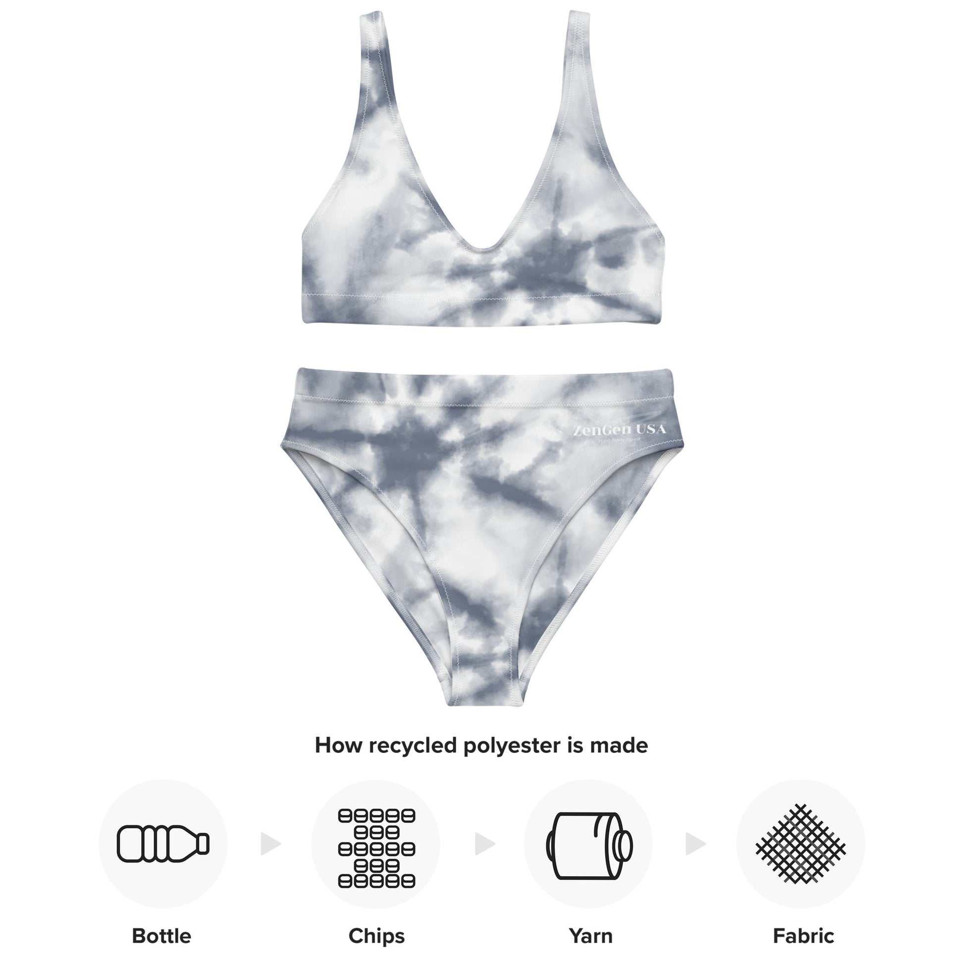 Recycled High-Waisted Bikini - Gray Tie Dye Print - ZenGen USA - ZenGen USA