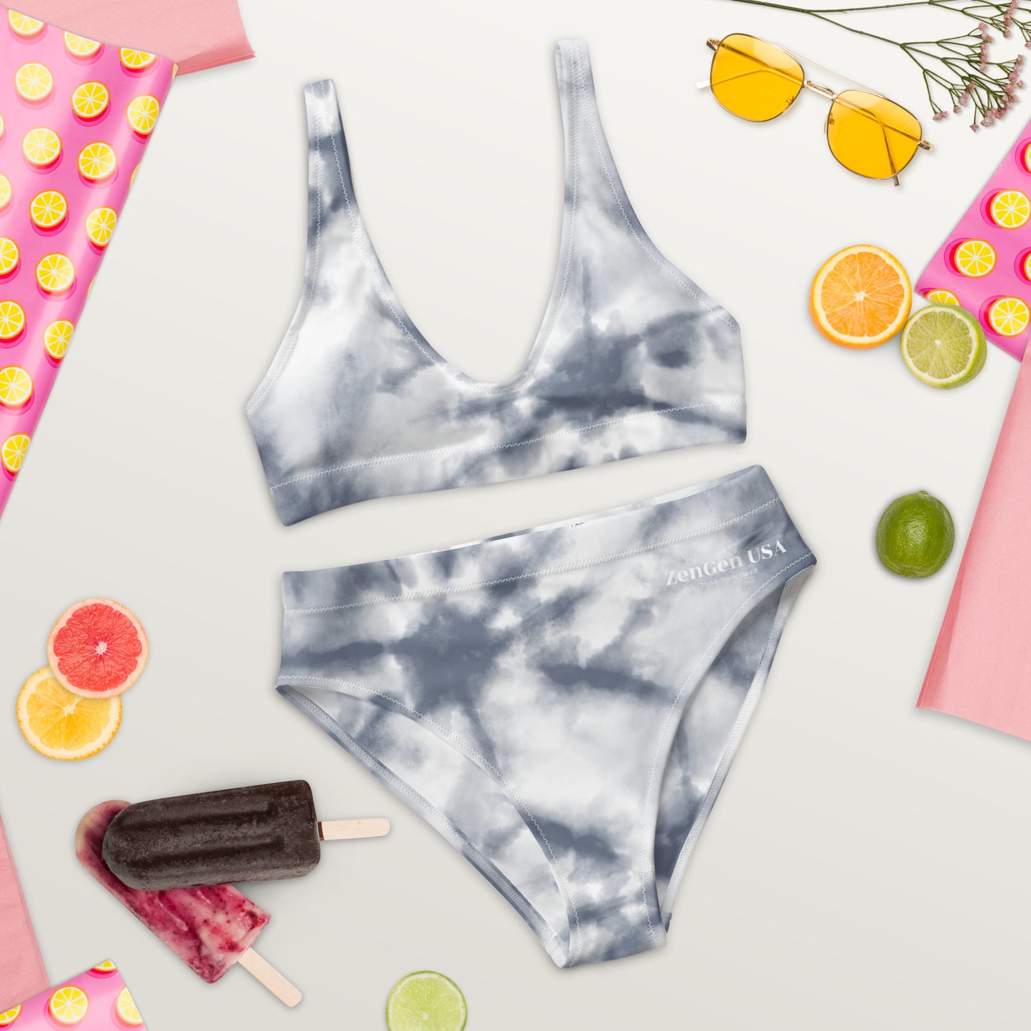 Recycled High-Waisted Bikini - Gray Tie Dye Print - ZenGen USA - ZenGen USA