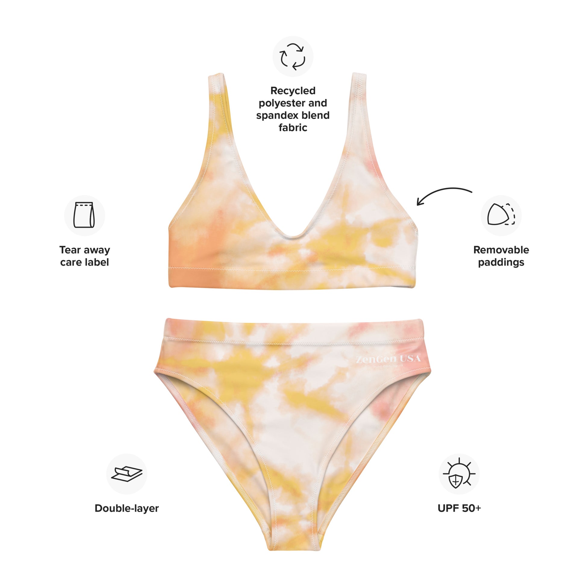 Recycled High-Waisted Bikini - Orange TieDye Print - ZenGen USA Mind-Body-Spirit - ZenGen USA