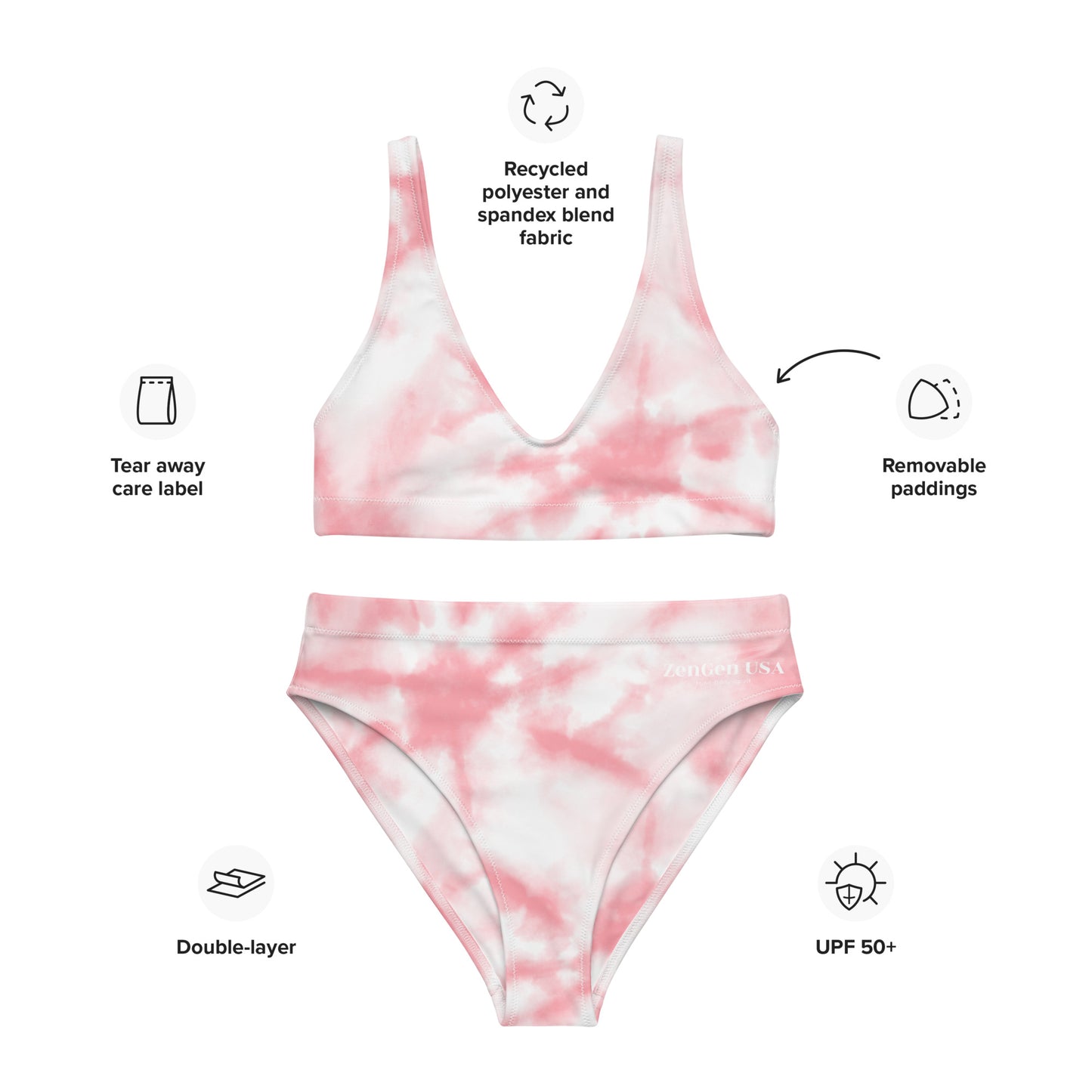 Recycled High-Waisted Bikini - Pink TieDye Print - ZenGen USA - ZenGen USA