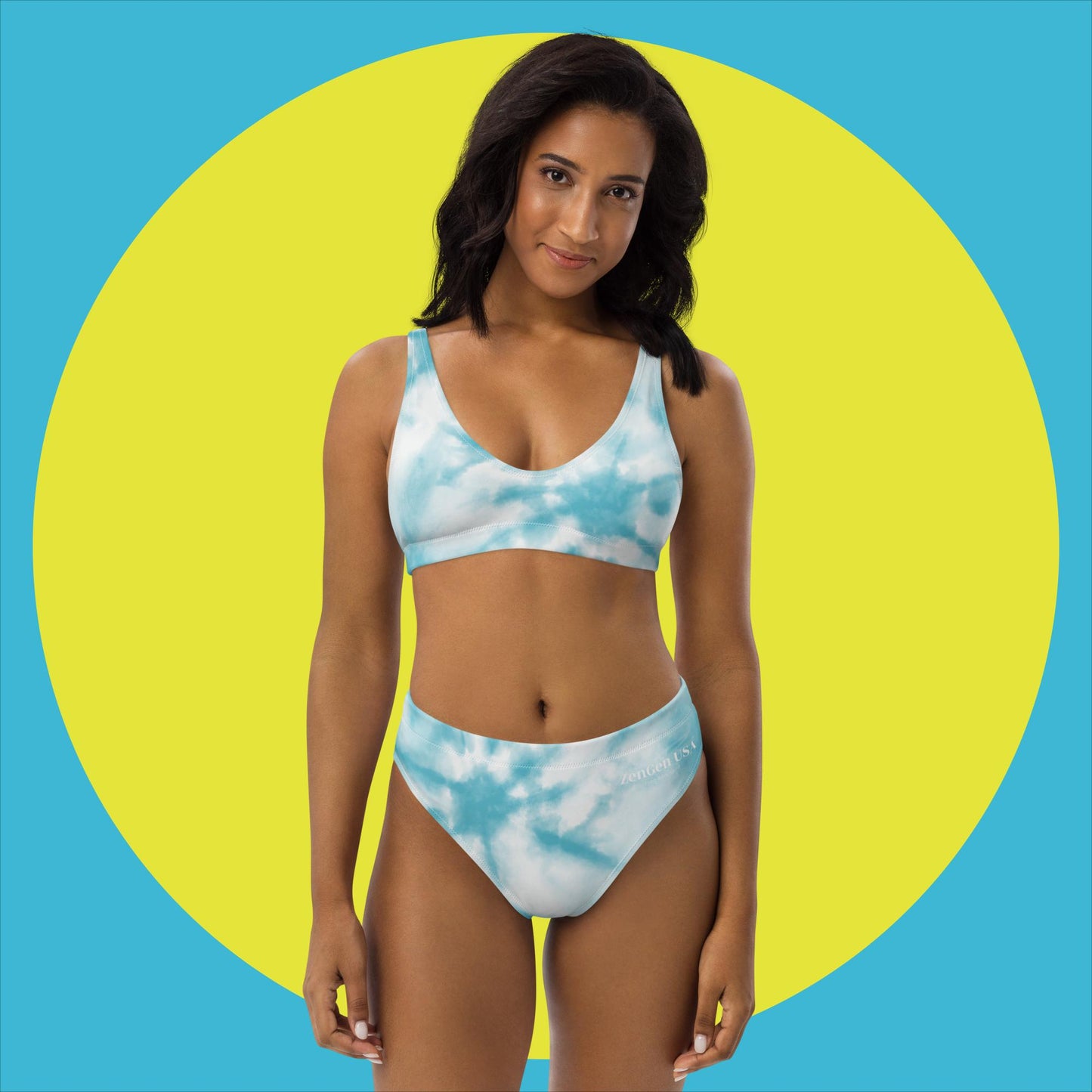 Recycled High-Waisted Bikini - Blue TieDye Print - ZenGen USA - ZenGen USA