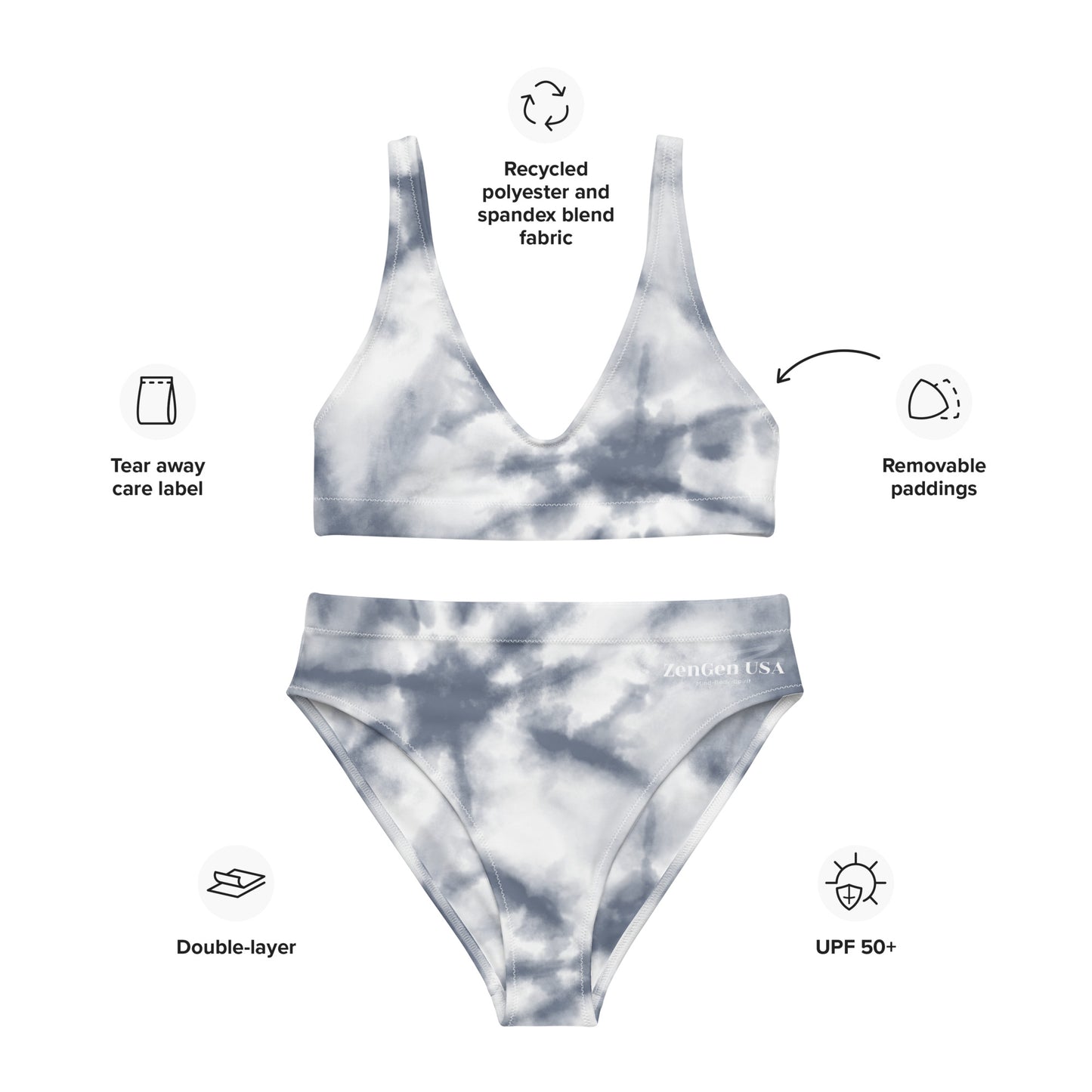 Recycled High-Waisted Bikini - Gray Tie Dye Print - ZenGen USA - ZenGen USA