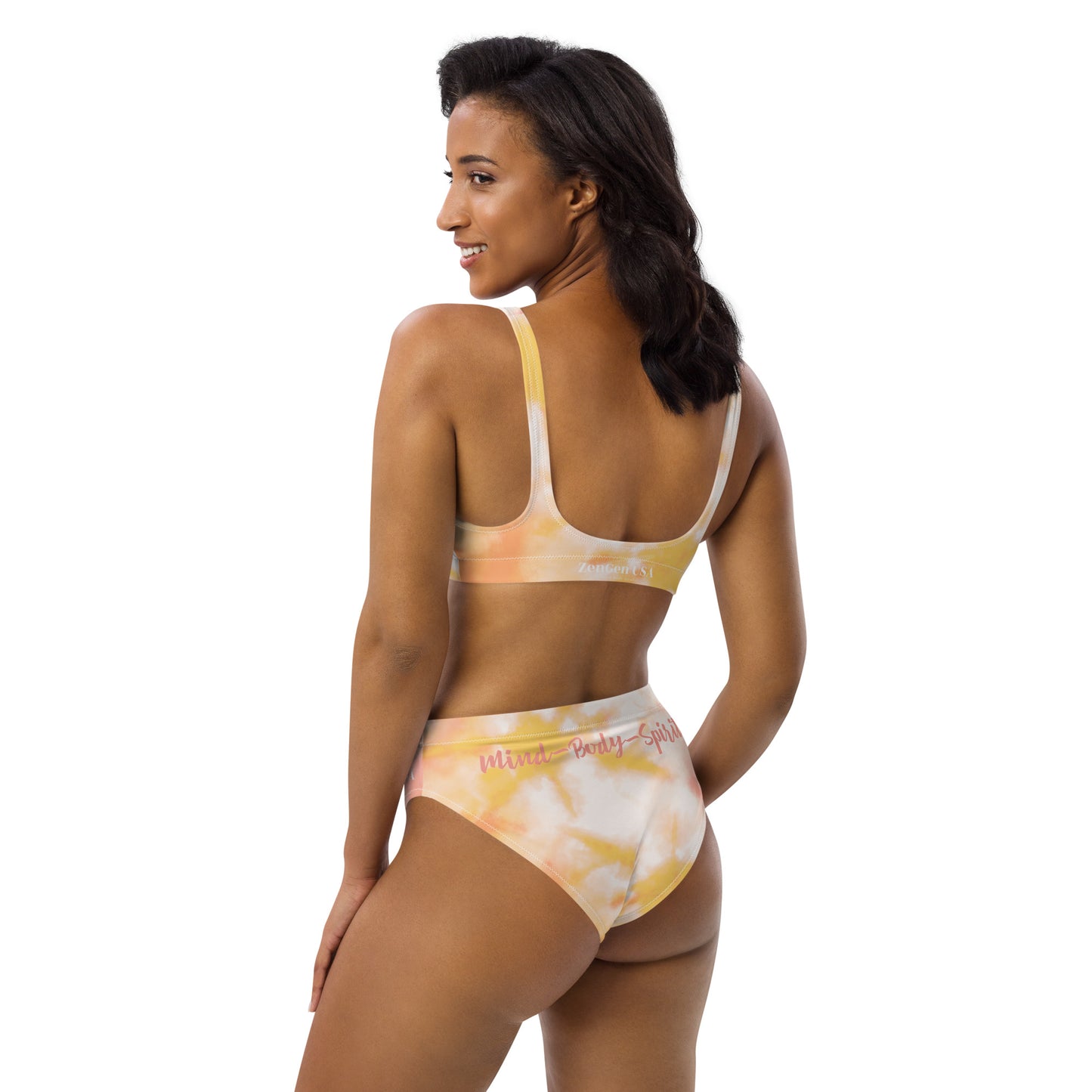 Recycled High-Waisted Bikini - Orange TieDye Print - ZenGen USA Mind-Body-Spirit - ZenGen USA