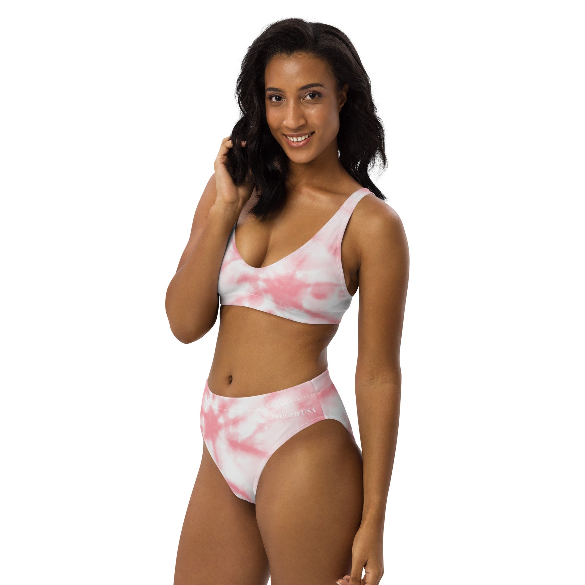 Recycled High-Waisted Bikini - Pink TieDye Print - ZenGen USA - ZenGen USA